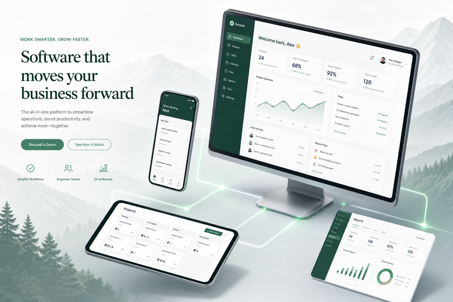 Desktop, mobile, and web software platforms connected in a unified technology ecosystem